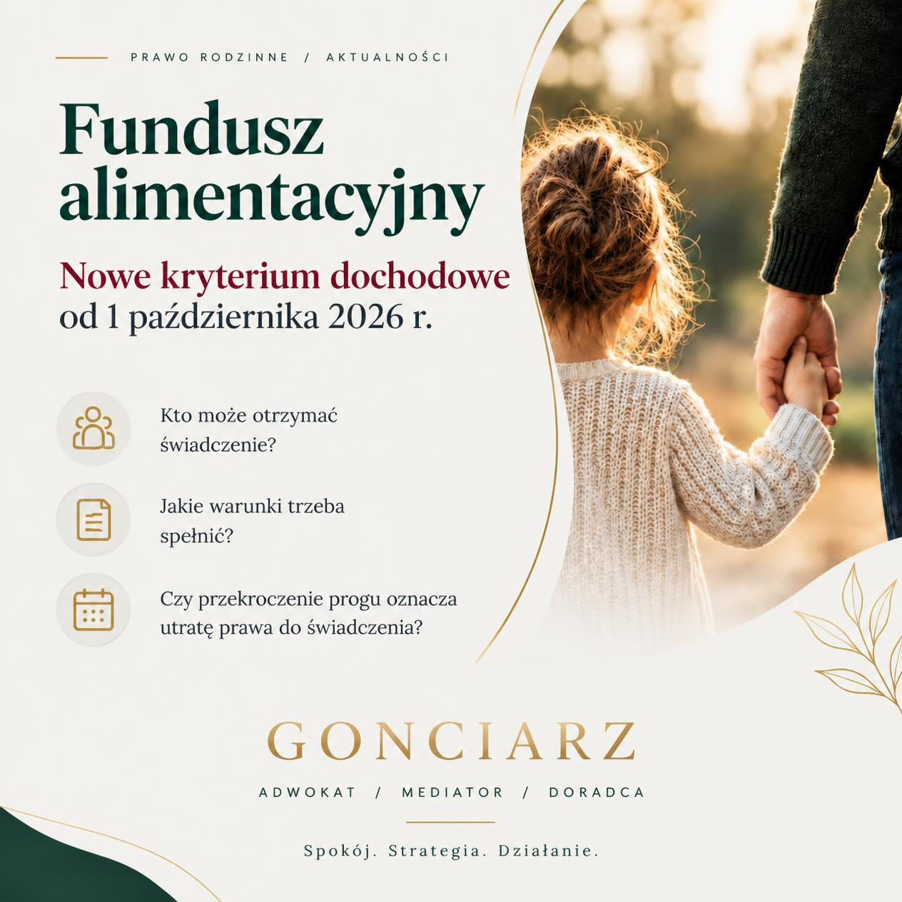 Grafika informacyjna o Funduszu Alimentacyjnym i nowych kryteriach dochodowych od 1 października 2026 r.