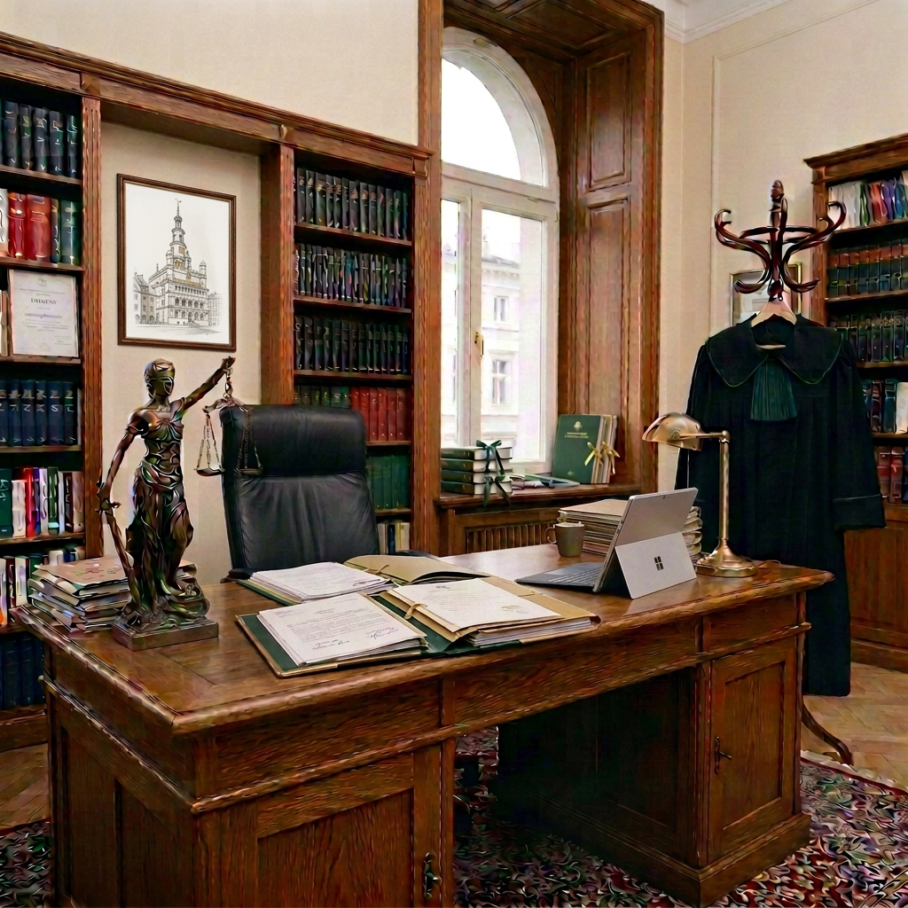 Barrister reviewing documents at a desk in a law office